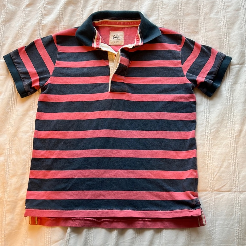 Mini Boden Pink Navy Striped Polo Short Sleeve Top 3 Button Distressed Sz 9-10Y